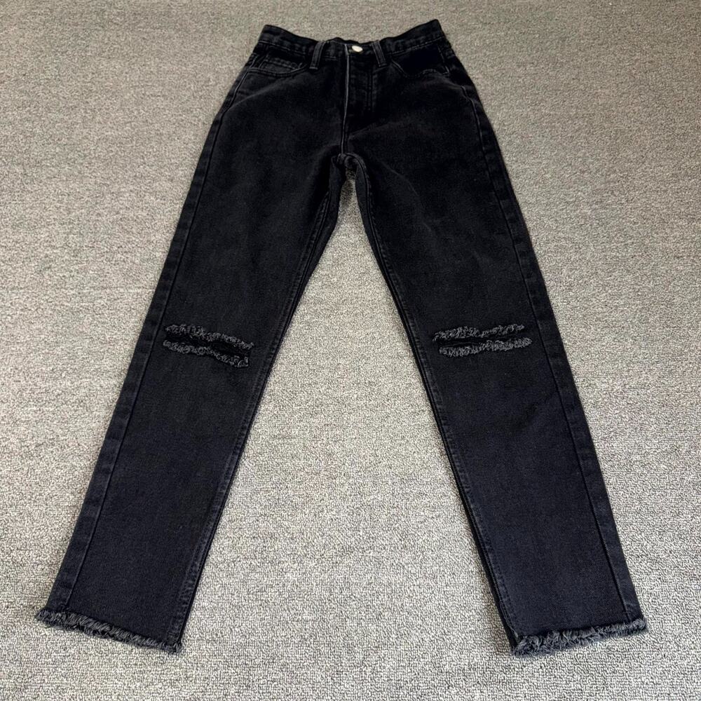 Princess Polly Skinny Jeans Womens 2 Black Denim Dark Wash Distressed Frayed Hem